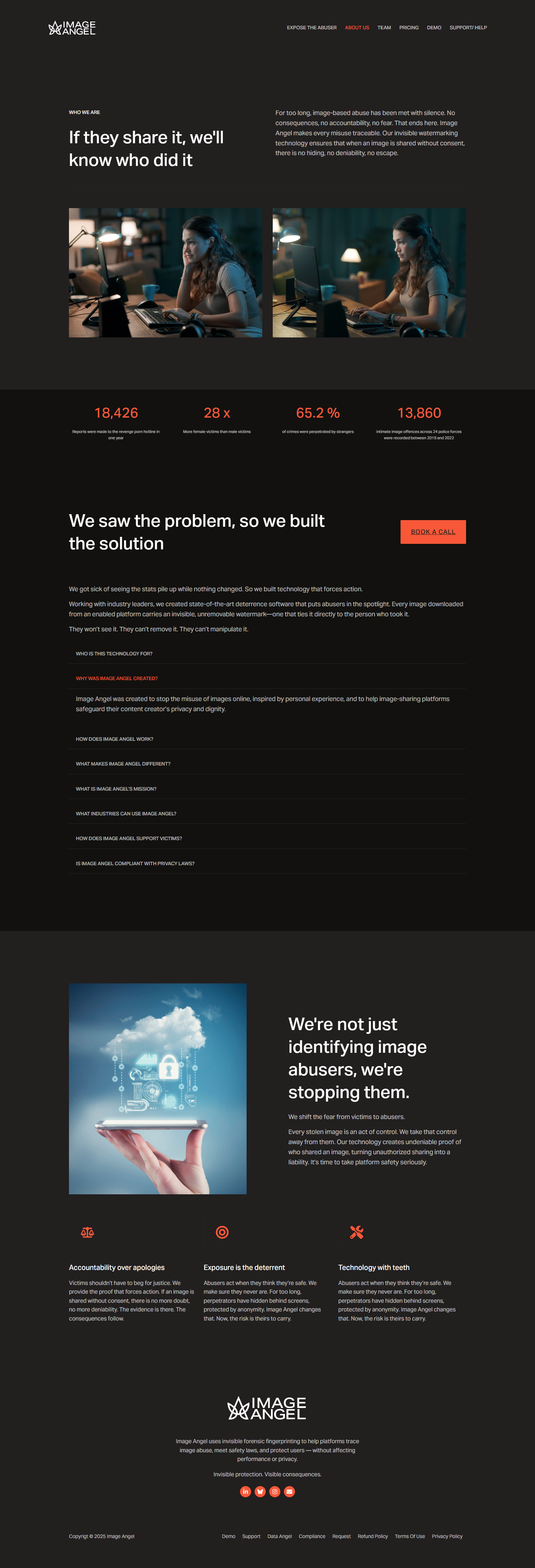 Screenshot of the Image Angel website homepage, showing a dark themed layout with images of a woman working at a computer, statistics, and information about image abuse prevention technology.