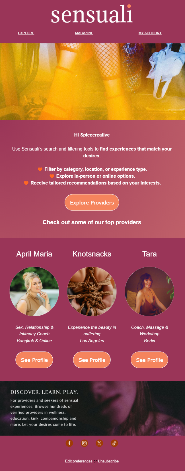 Sensuali website homepage featuring header menu, promotional banner with legs in fishnet stockings, text about search and filtering tools for experiences, profiles of three providers with their specialties, and social media icons at the bottom.