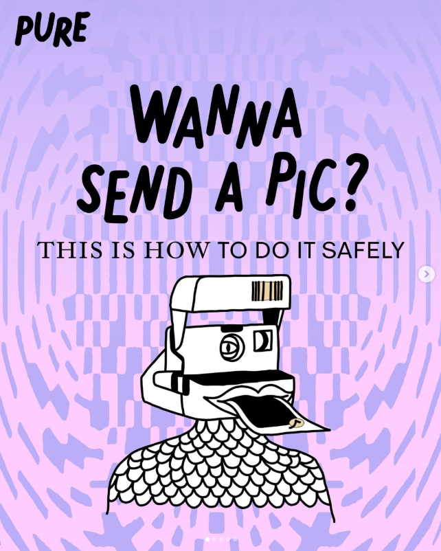 A cartoon illustration of a bird with a camera for a head, set against a purple patterned background. The text says 'Pure Wanna Send a Pic? This is How to Do It Safely.'