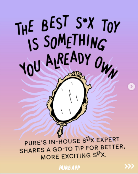 Inspirational quote about sex toys with an illustration of a mirror on a purple background.