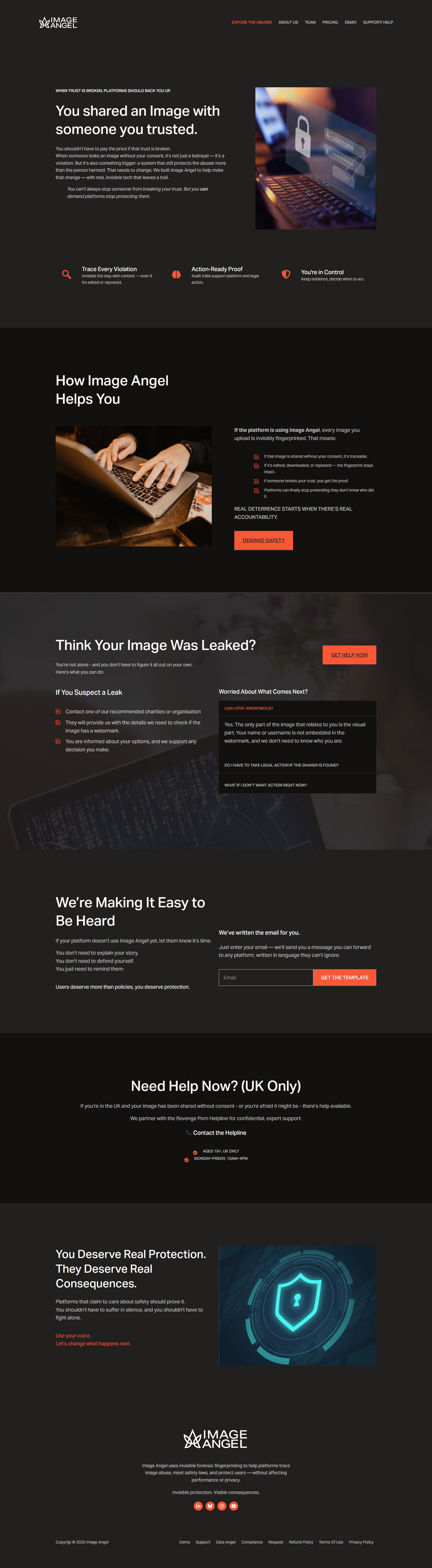 Screenshot of a website homepage for Image Angel, a platform focusing on image security and protection, featuring sections about sharing trusted images, how the platform helps, and protection against leaks, with images of a laptop with a lock icon an