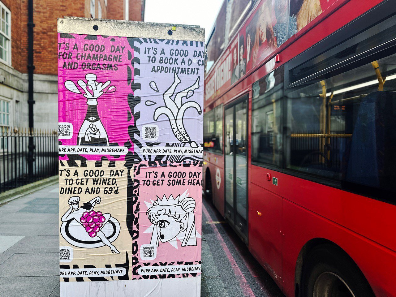 Street poster with colorful illustrations and text promoting booking an appointment and enjoying wine, champagne, and fun activities.