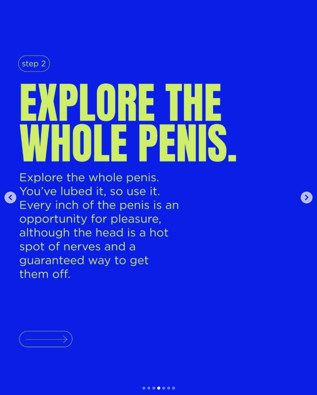 Instructional slide with the heading 'Explore the whole penis' in large yellow text on blue background. Subtext explains exploring the entire penis for pleasure, with a humorous tone about the head being sensitive and ways to turn off nerve sensation