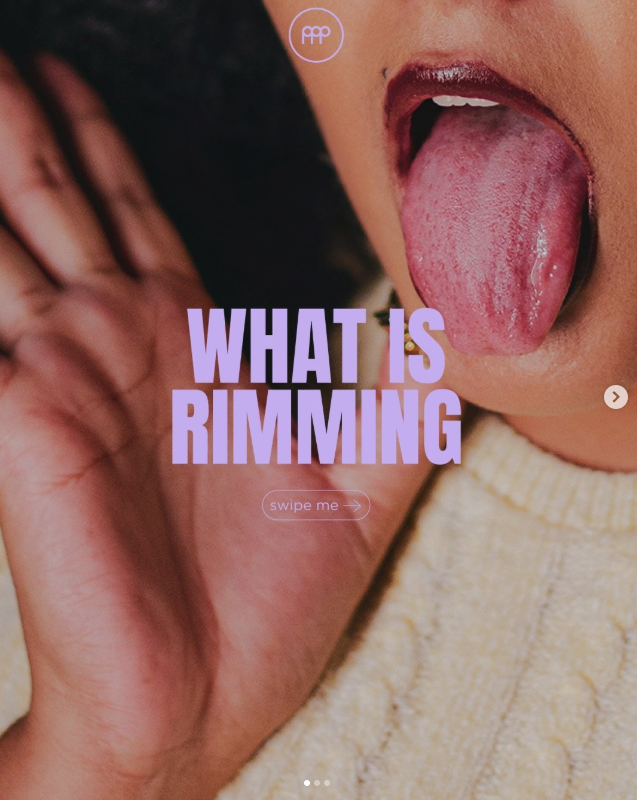 Close-up of a woman with her mouth open and tongue sticking out, along with text that reads 'What is rimming' and a swipe me button.