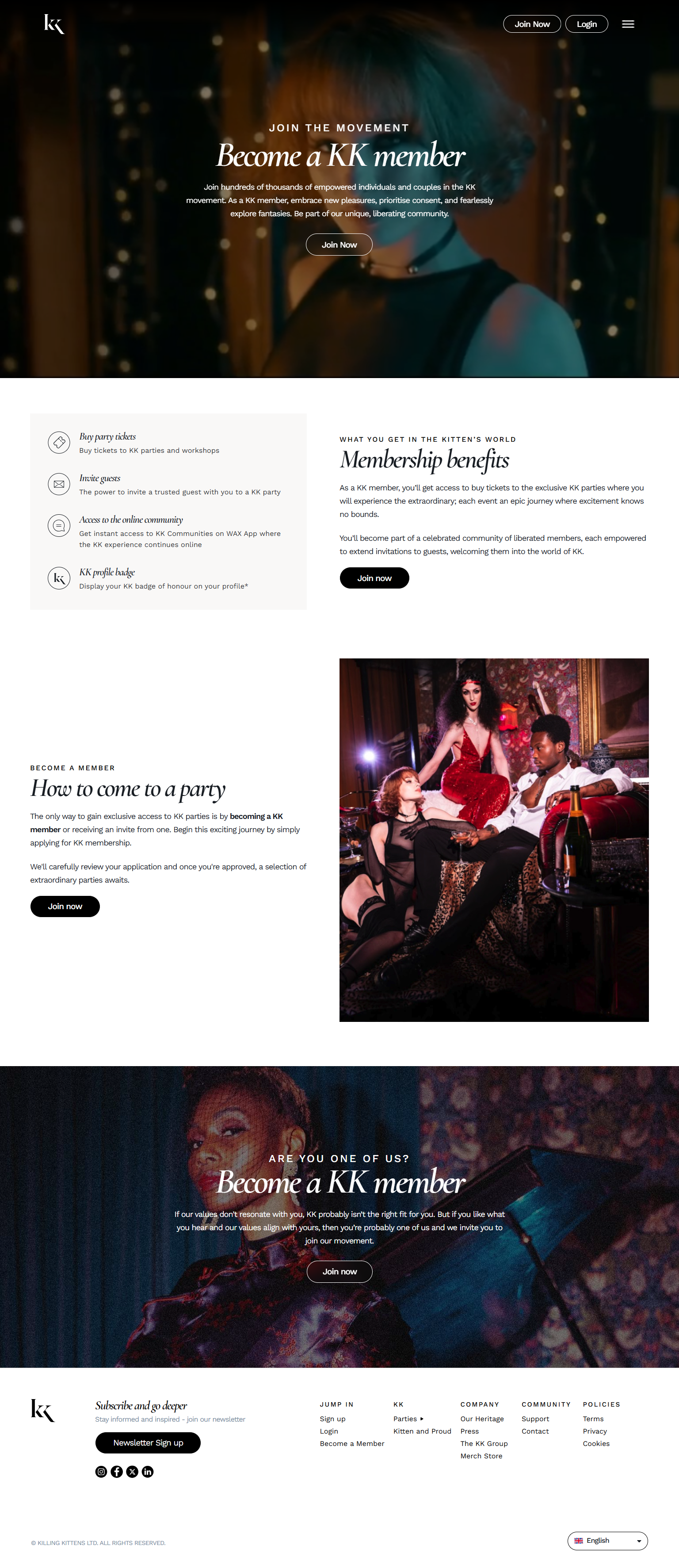 A webpage promoting membership to the KK movement, featuring a woman with short hair looking down at the top. The page offers information on joining, benefits, and how to attend parties, with images of people at a party. The background has a starry,