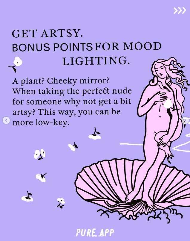 A purple illustration with text promoting artsy mood lighting, featuring a sketch of a nude woman with long hair sitting inside a seashell, surrounded by small flying insects and white cloud-like decorations.
