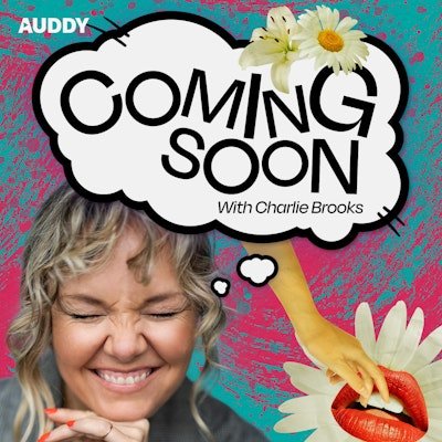 Promotional image featuring a smiling woman with closed eyes, a speech bubble with daisies that says 'Coming Soon,' and a large illustrated hand with red lips holding a daisy. The background is textured with pink and blue colors.