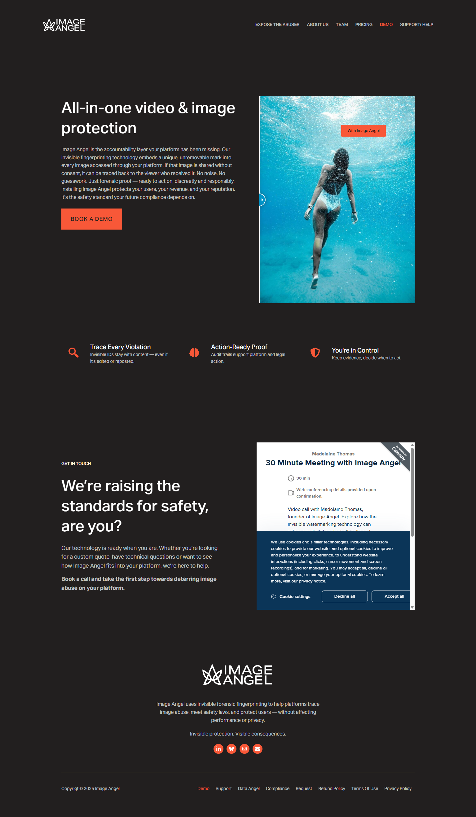 Webpage for Image Angel, a service offering all-in-one video and image protection using invisible fingerprinting technology. The page features a large underwater photo of a woman swimming, with a red tag labeled 'With Image Angel.' There are sections