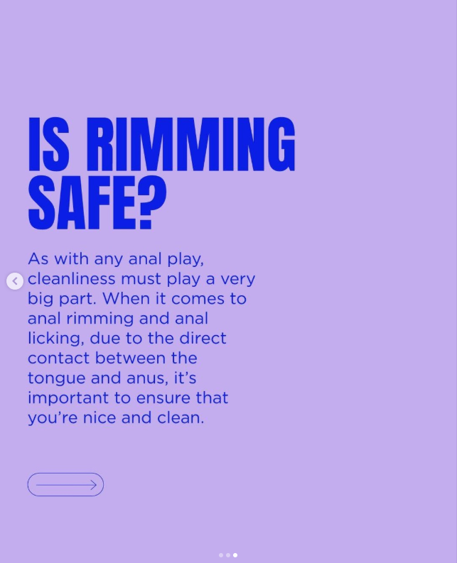 A purple informational graphic titled 'Is Rimming Safe?' discussing the importance of cleanliness when engaging in anal play, emphasizing the contact between the tongue and anus.