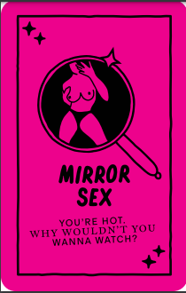 Pink book cover titled 'Mirror Sex' with an illustration of a female figure looking into a mirror. Contains subtitle 'You're hot. Why wouldn't you wanna watch?'. Decorative stars on the cover.