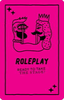 A pink poster with cartoon-style illustrated faces of a man and woman, both smiling with open mouths, showing teeth and tongues. The poster has the text 'Roleplay Ready to Take the Stage!' and decorative stars.