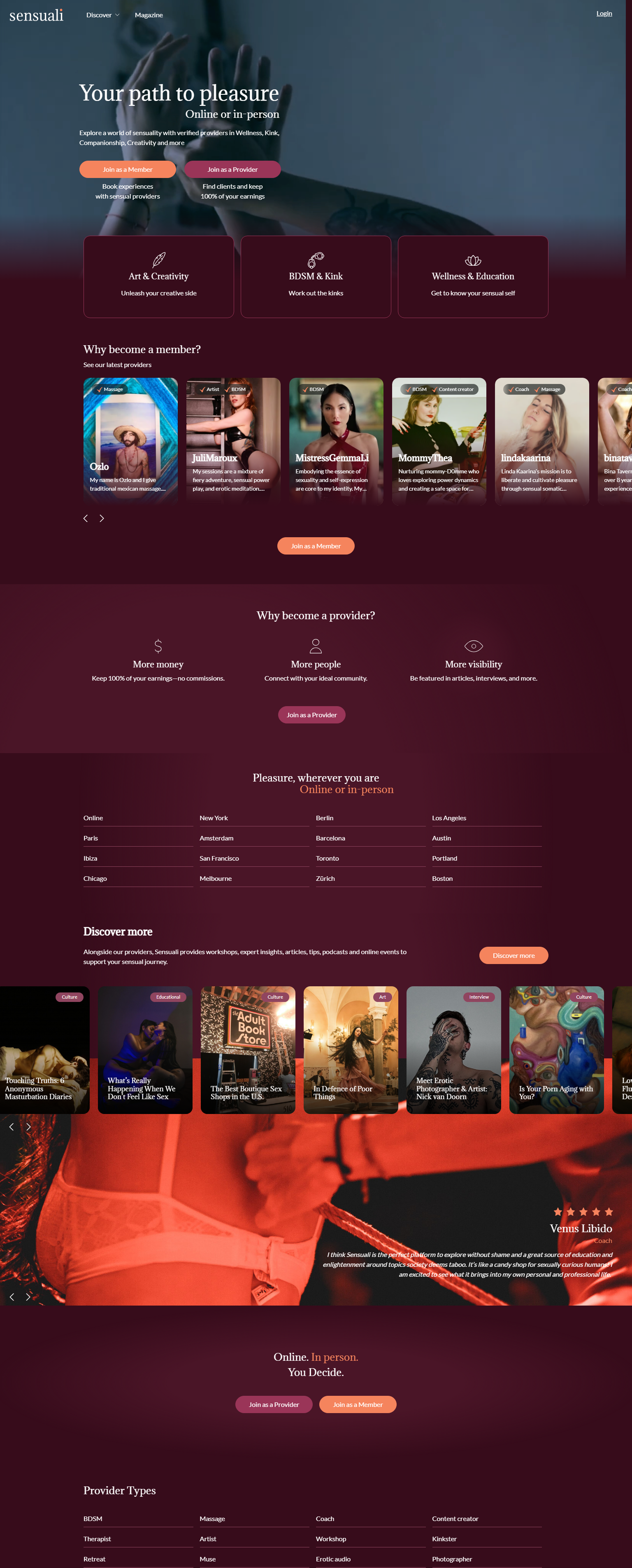 Homepage of Sensuali website featuring a dark gradient background, with sections about art, BDSM, wellness, membership options, profiles of providers, and articles about sexuality and pleasure.