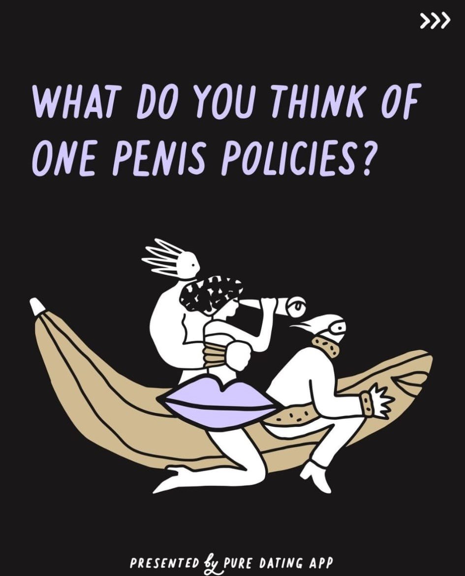 Marketing graphic with a cartoon of two characters riding a penis-shaped boat, one character is holding a magnifying glass and wearing a crown, the other is wearing glasses and has spiked hair, with text asking about penis policies, presented by Pure