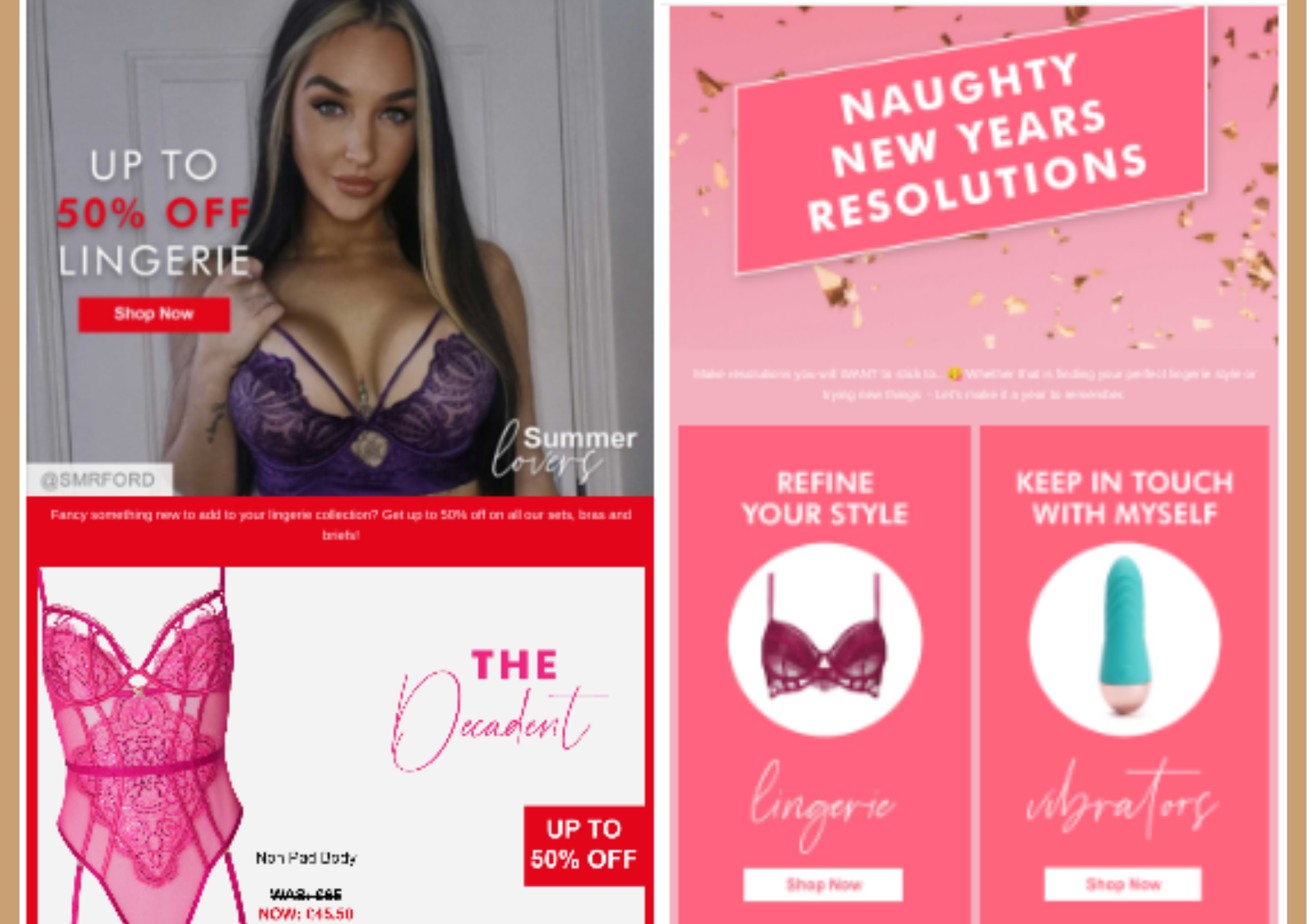 Advertisement featuring a woman in lingerie, text about discounts on lingerie and pleasure products, pink and red color scheme with promotional offers.