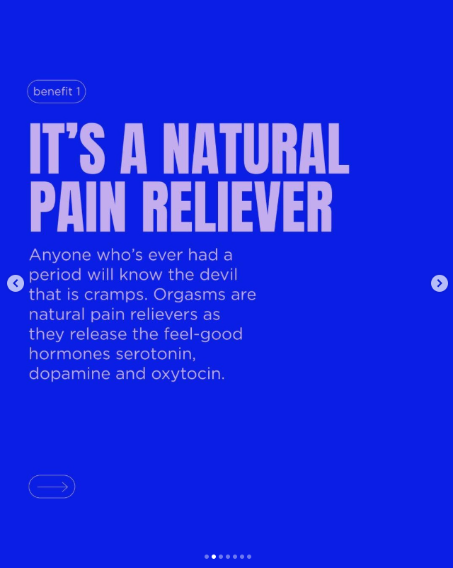 Blue promotional slide with white and purple text describing a natural pain reliever, mentioning hormones like serotonin, dopamine, and oxytocin.