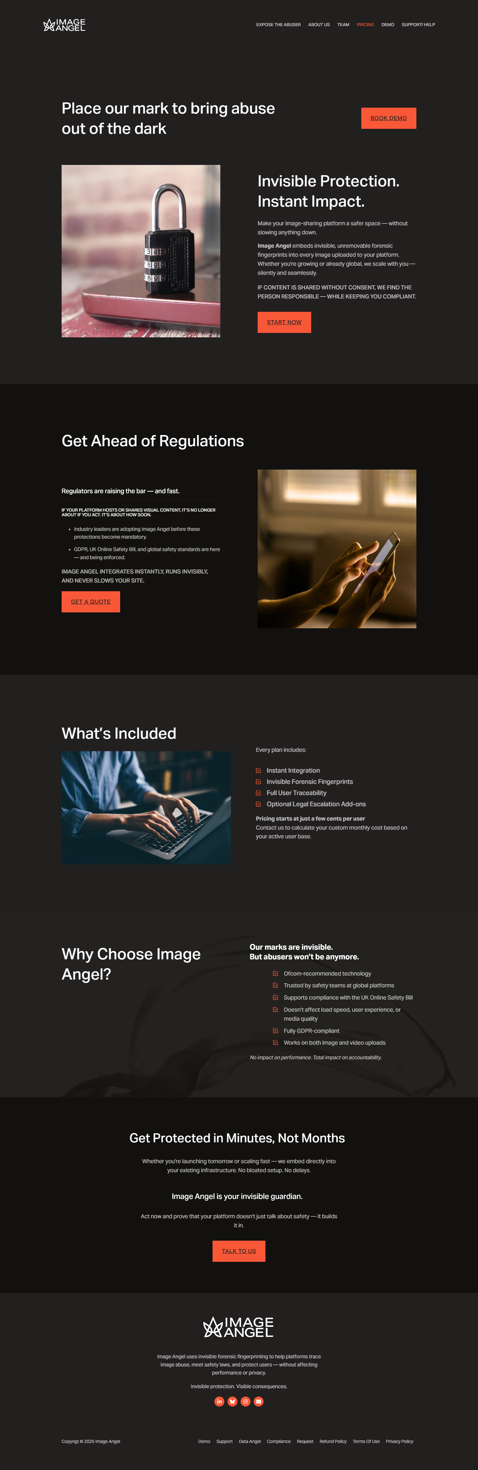 Website homepage for Image Angel, featuring sections about protecting digital content with a combination of a padlock and a person using a smartphone and laptop. Prominent call-to-action buttons include "Book Demo," "Start Now," and "Get a Quote."