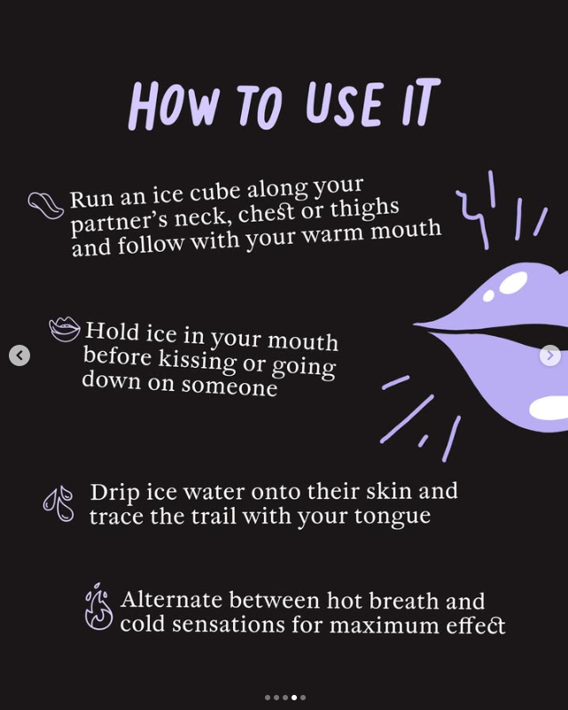 An infographic with instructions on how to use a product, featuring a purple illustration of lips and droplet icons, with steps including running an ice cube along the neck, holding ice in the mouth, dripping water onto the skin, and alternating betw