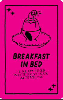 Pink poster with a cartoon of an astronaut in bed, eggs on a plate, and stars. Text reads 'Breakfast in Bed' and 'I like my eggs with post-sex afterglow'.