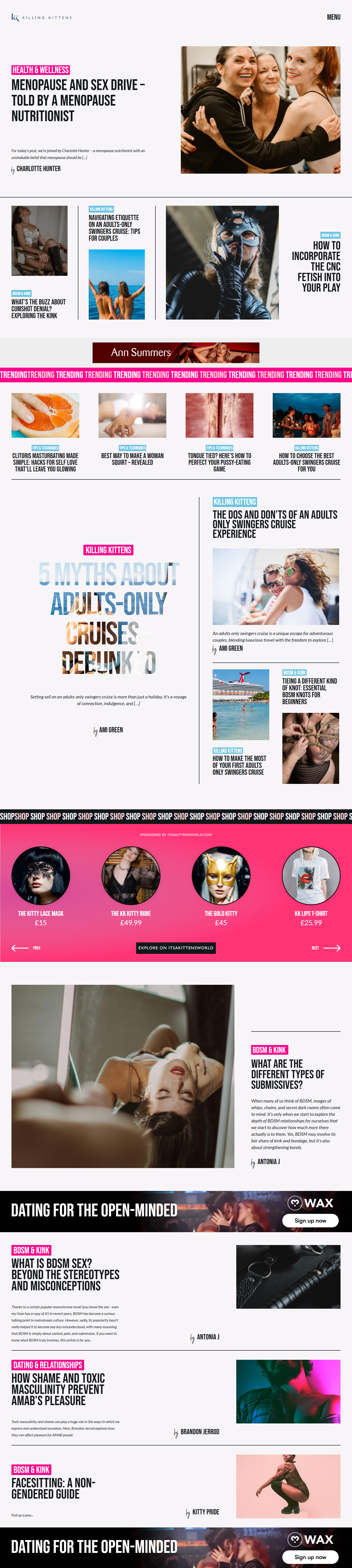 A colorful webpage layout featuring articles about adult topics, including menopause, sex drive, BDSM, and dating, with images of women, couples, and product advertisements.
