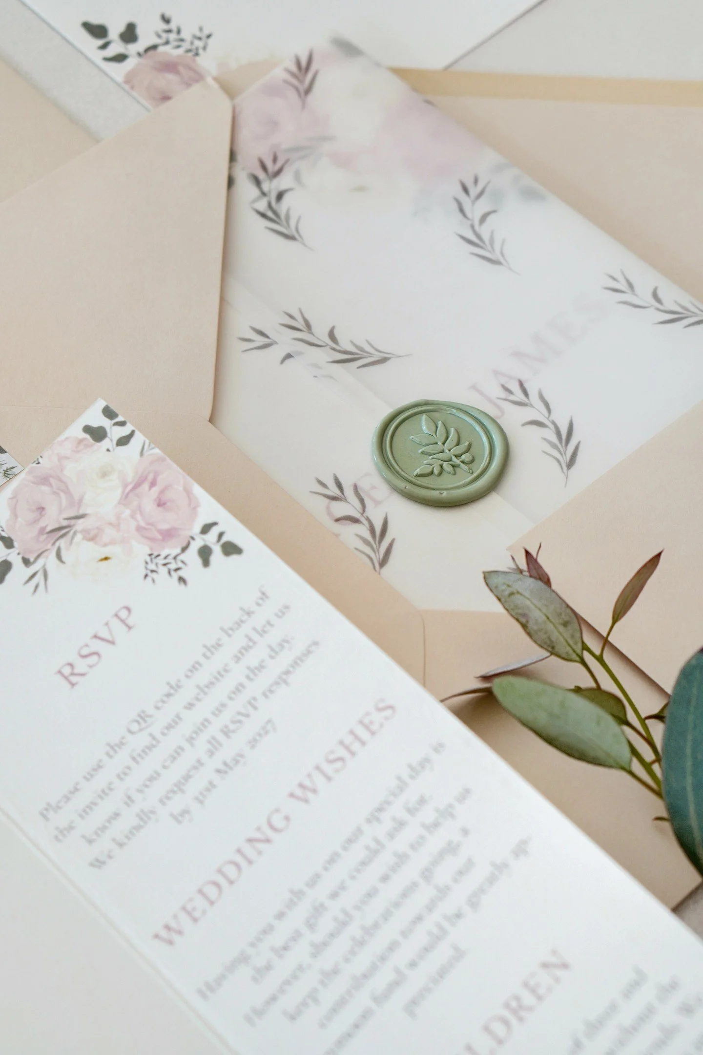 Delicate blush-toned florals, vellum wraps and sage wax seals offer a timeless touch to the Kingscote Barn suite. Like all my Venue Collections, it can be personalised with your wording, colours and finishing touches, ensuring it not only reflects th