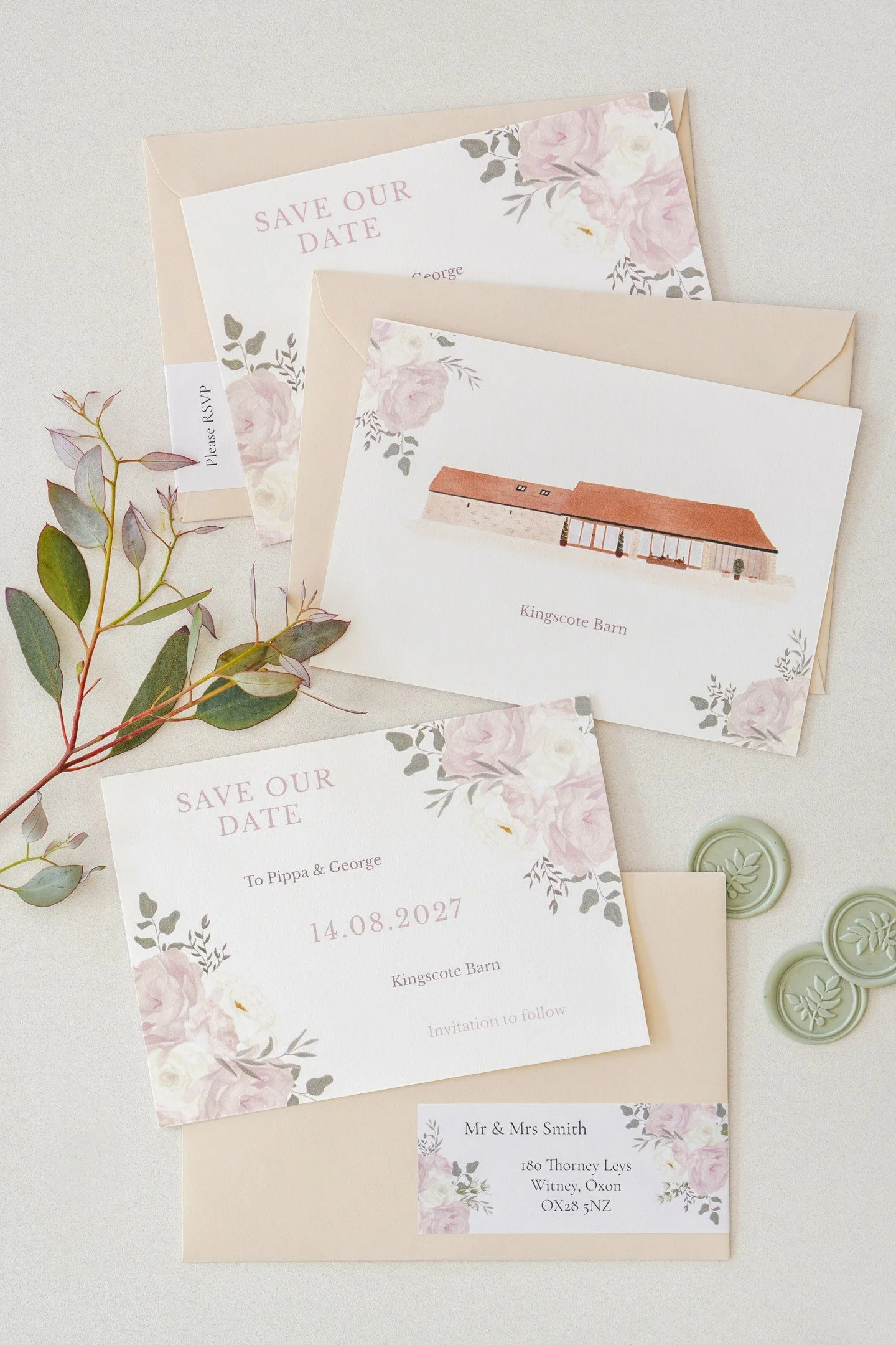 Inspired by the charm and countryside setting of Kingscote Barn, this collection was designed for couples who love timeless wedding styling with a soft romantic feel 🤍🍃

Featuring a hand-drawn illustration of the venue, delicate blush florals, sage