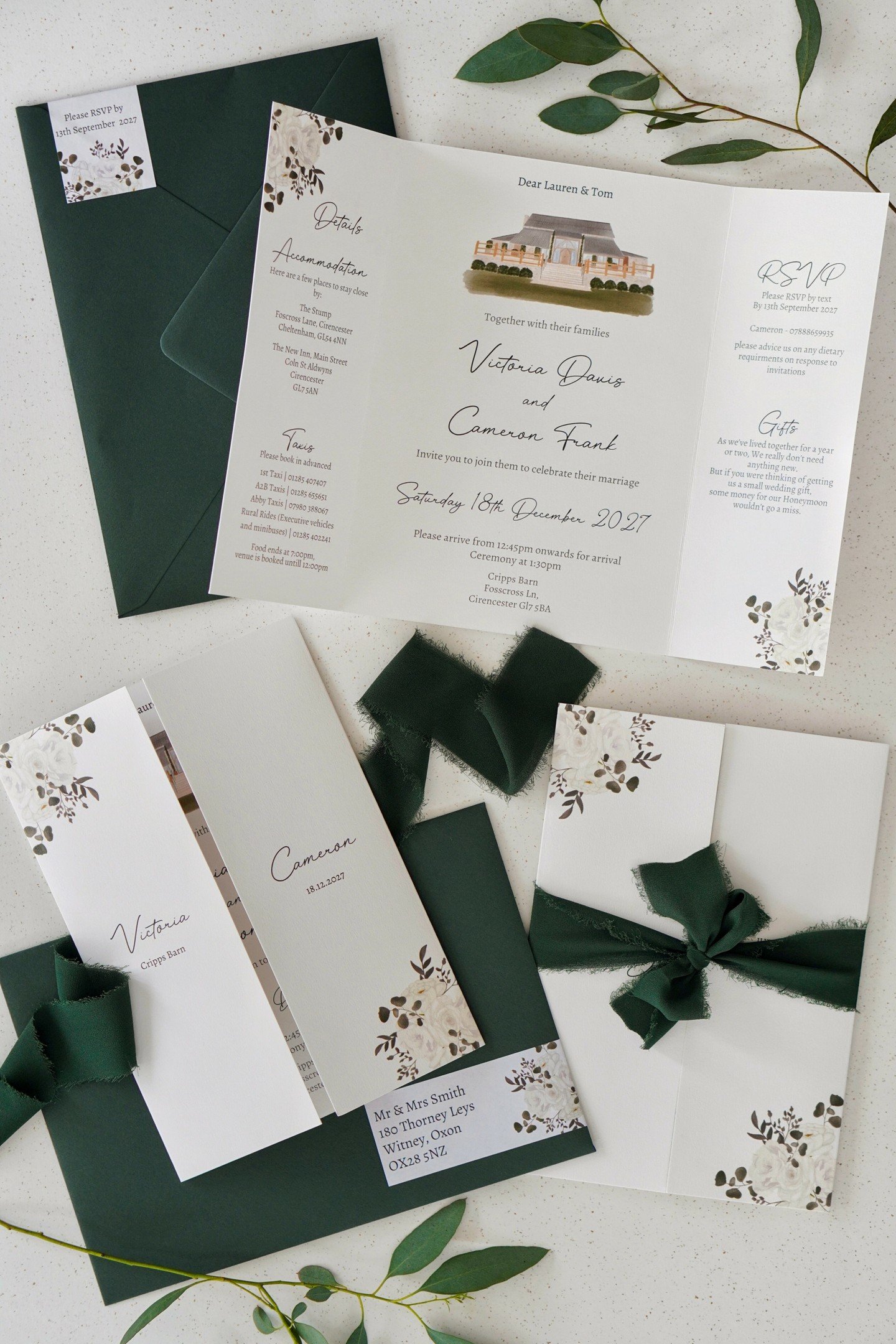 Deep forest green, crisp white, and the most beautiful watercolour illustration of Cripps Barn &mdash; this full stationery collection is giving us all the elegant winter wedding feels. From the save the dates and gate fold invitations complete with 