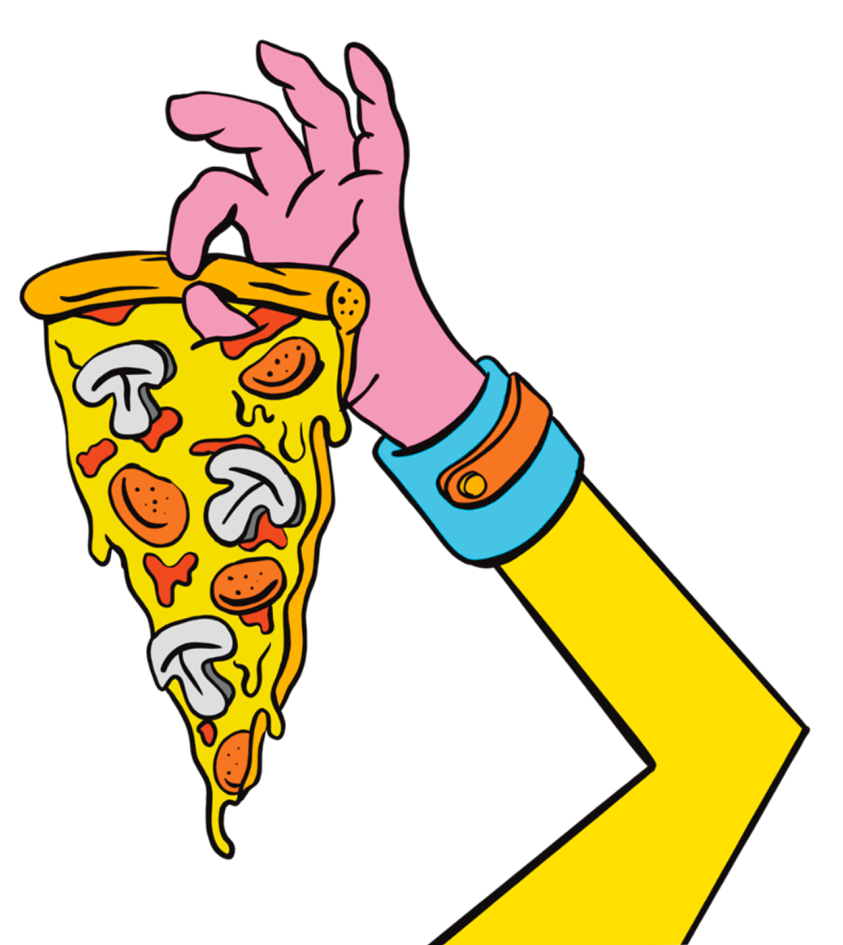 A cartoon hand holding a slice of pizza with a yellow crust, cheese, pepperoni, mushrooms, and green peppers. The hand has pink skin and is wearing a blue and orange-striped sleeve.