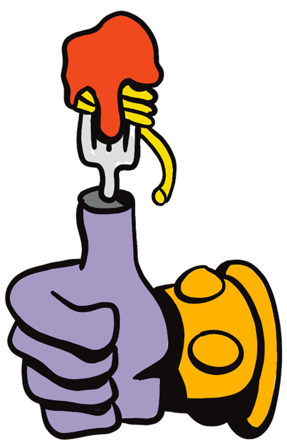 Cartoon illustration of a purple hand giving a thumbs-up, with a flame coming out of a white pipe on the hand's thumb, connected to a yellow hose, and a yellow firefighter helmet beside the hand.