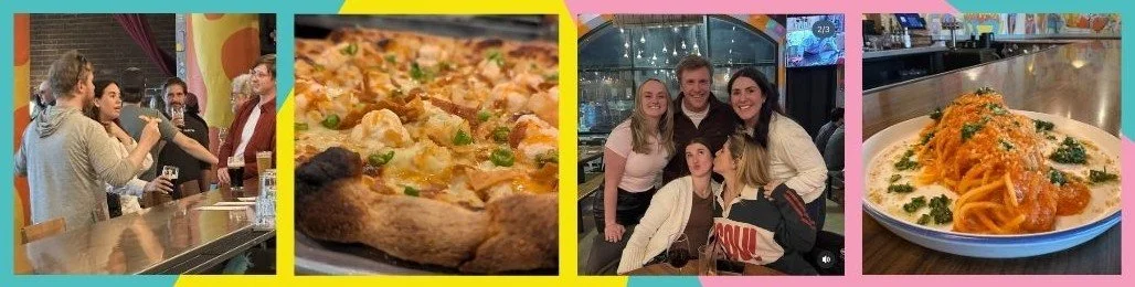 4 photos of scenes at cerveau restaurant: 5 friends at the drinking wine and cocktails, handmade spaghetti pasta in marinara sauce, crab rangoon pizza and 5 friends celebrating quizzo win.