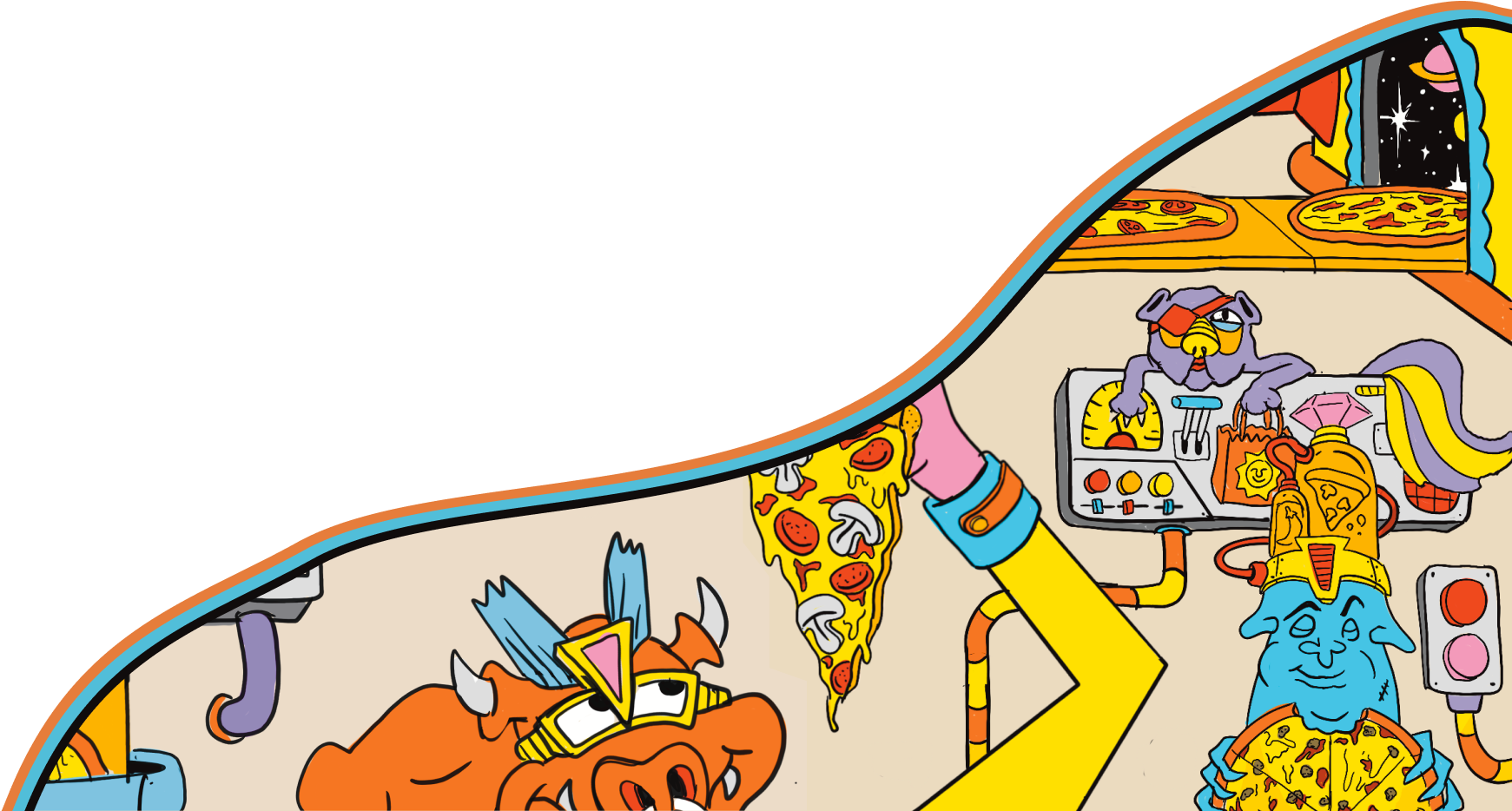 Colorful cartoon illustration of a whimsical pizza-making scene with various fantasy creatures and toppings, set inside a playful space-themed pizzeria.