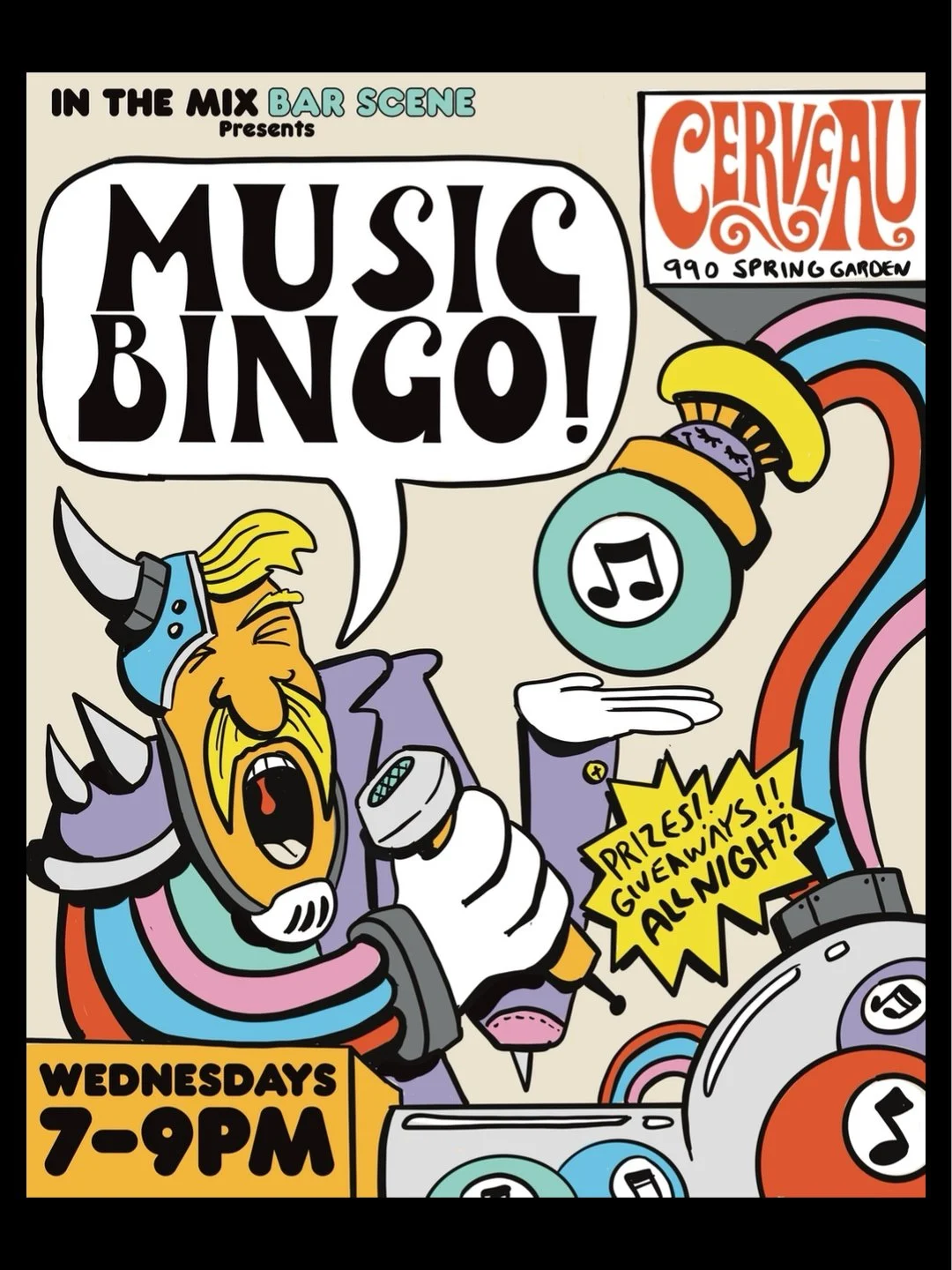weekly wednesday night music bingo event hosted inside cerveau italian restaurant from 7pm until 9pm