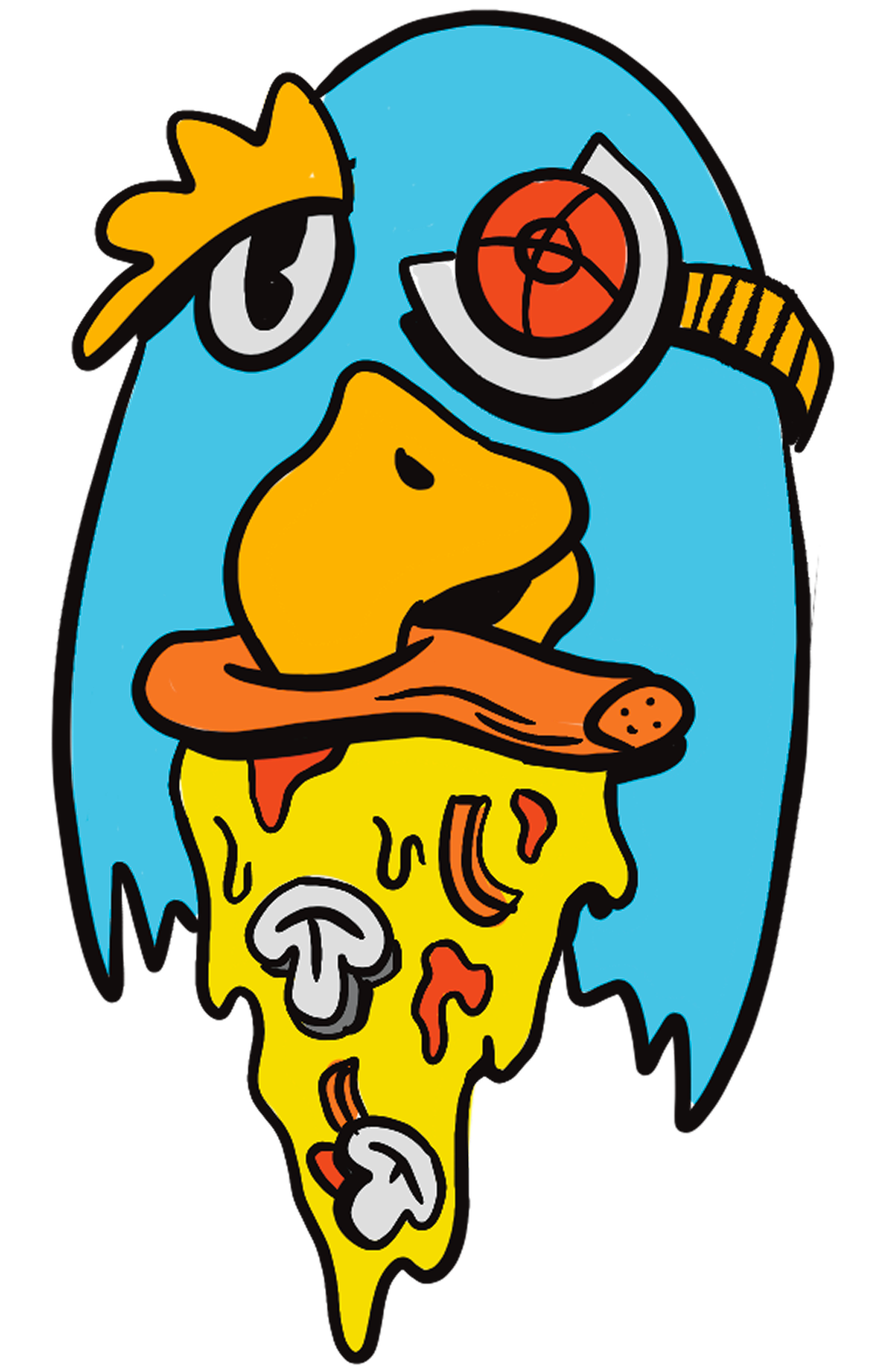 A cartoon bird with a blue body, yellow beak, and a white eye with a black pupil, wearing red goggles, holding a pizza slice with cheese, mushrooms, and pepperoni, and having a large piece of pizza with toppings melting below.