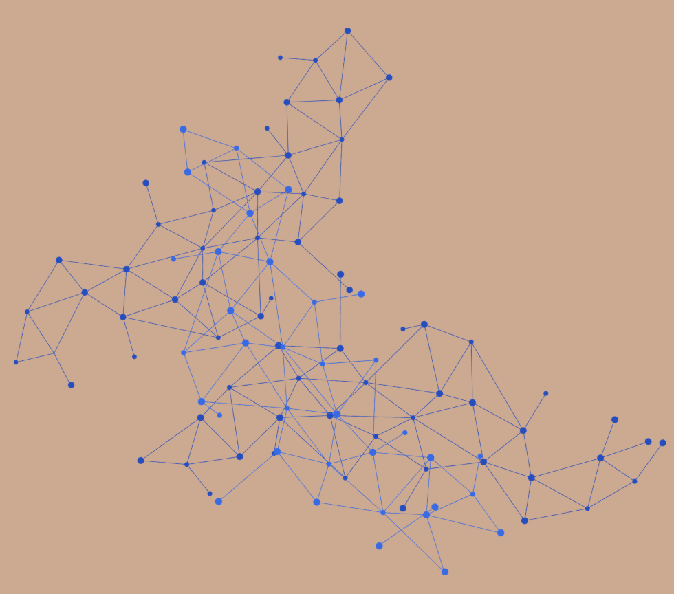 A visual representation of a network with interconnected blue dots on a beige background, resembling a complex web or constellation.