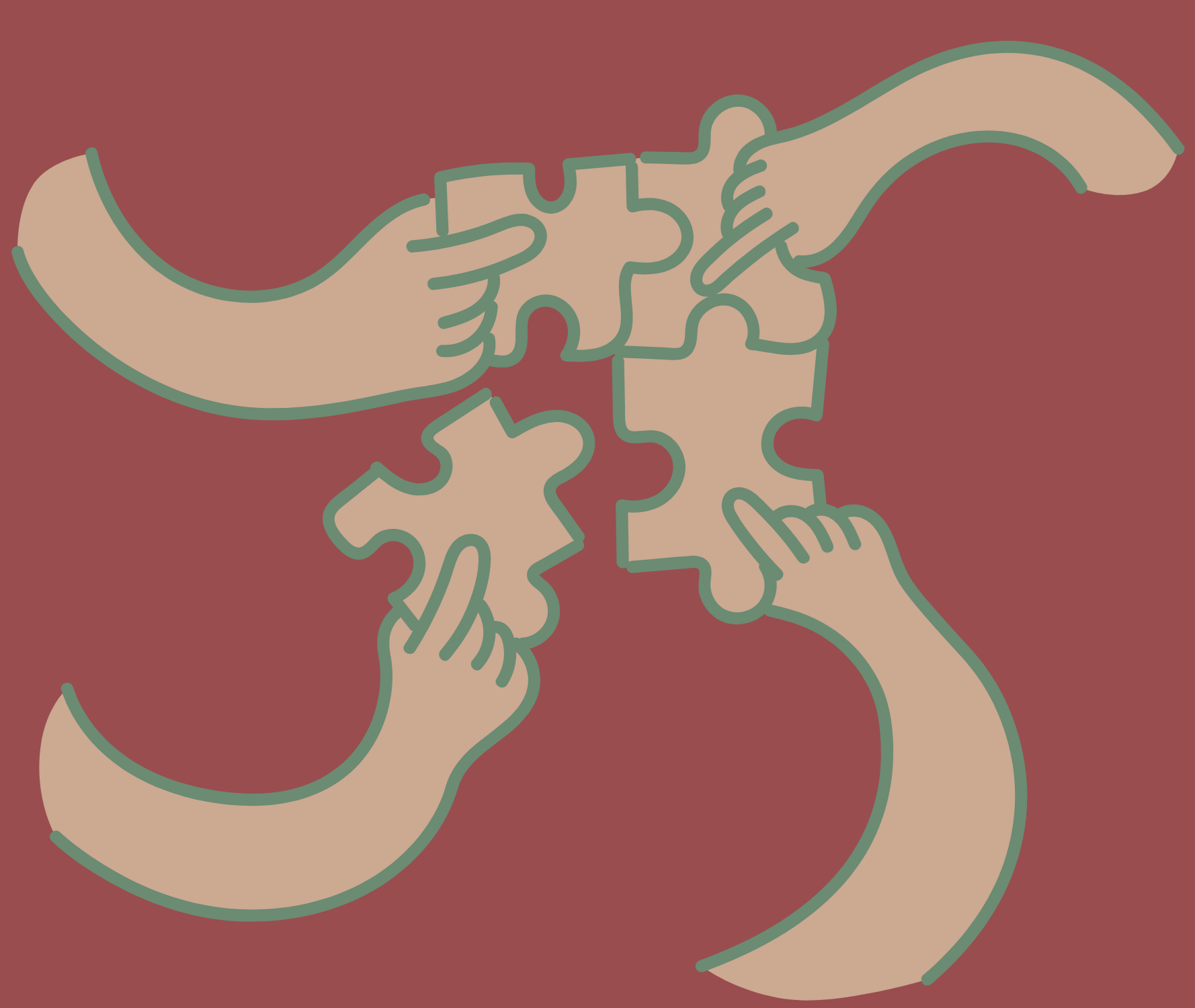Illustration of four hands connecting puzzle pieces.