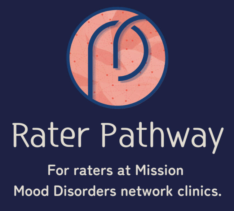 Logo with a pink circle and a blue outline of a finger pressing a button, with the text 'Rater Pathway' and 'For raters at Mission Mood Disorders network clinics' beneath.