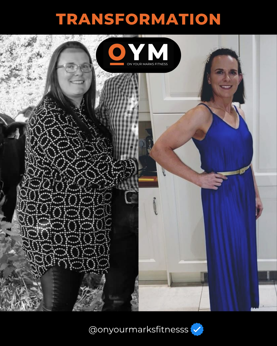 Side-by-side comparison of a woman before and after weight loss transformation, smiling in different outfits, with the background of a park on the left and a kitchen on the right.