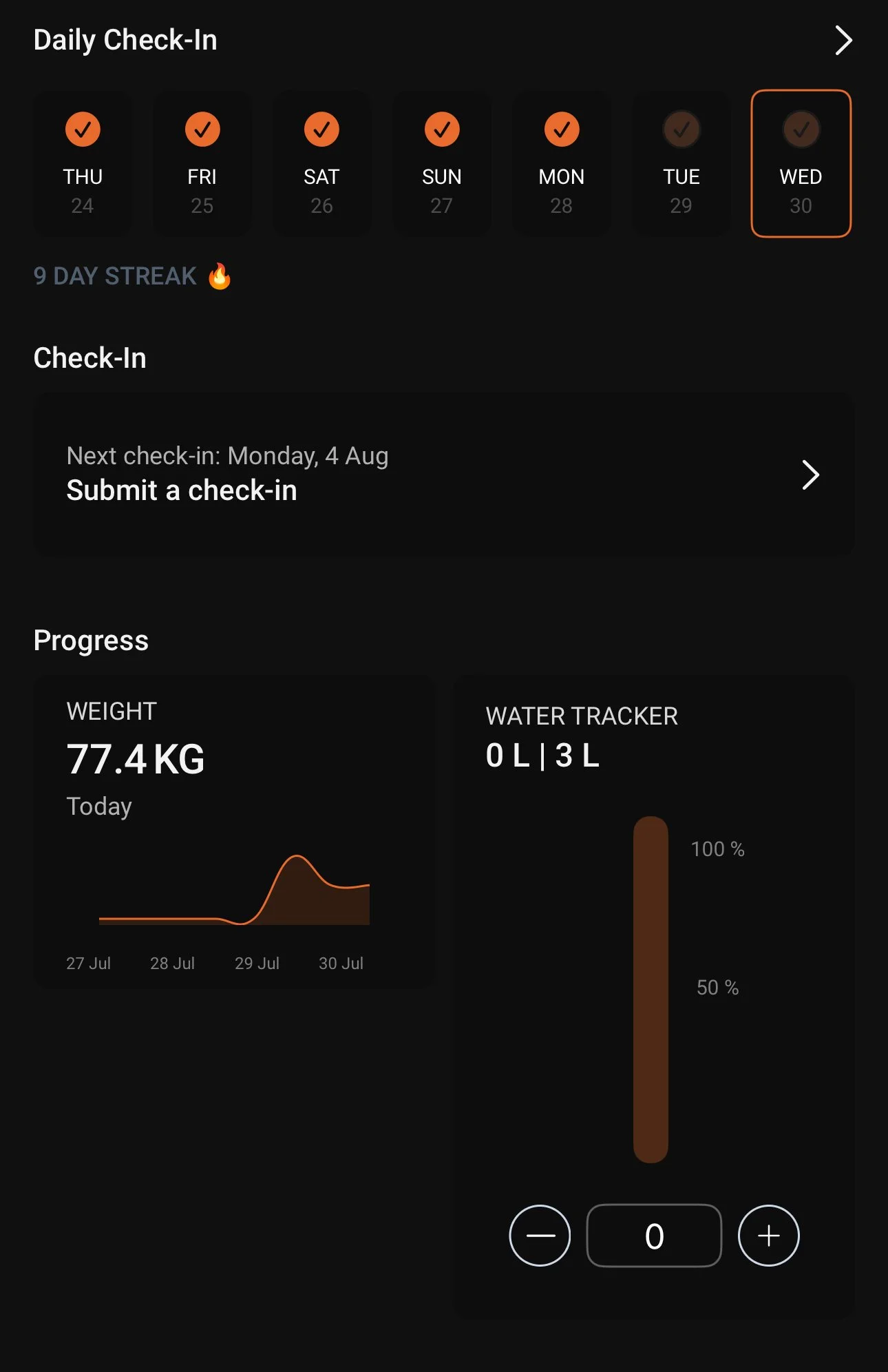 Mobile app screen showing daily check-in status from Thursday, July 24th to Wednesday, August 30th, with a 9-day streak, and a progress section displaying weight of 77.4 kg today and a water tracker at 0 liters out of 3 liters.