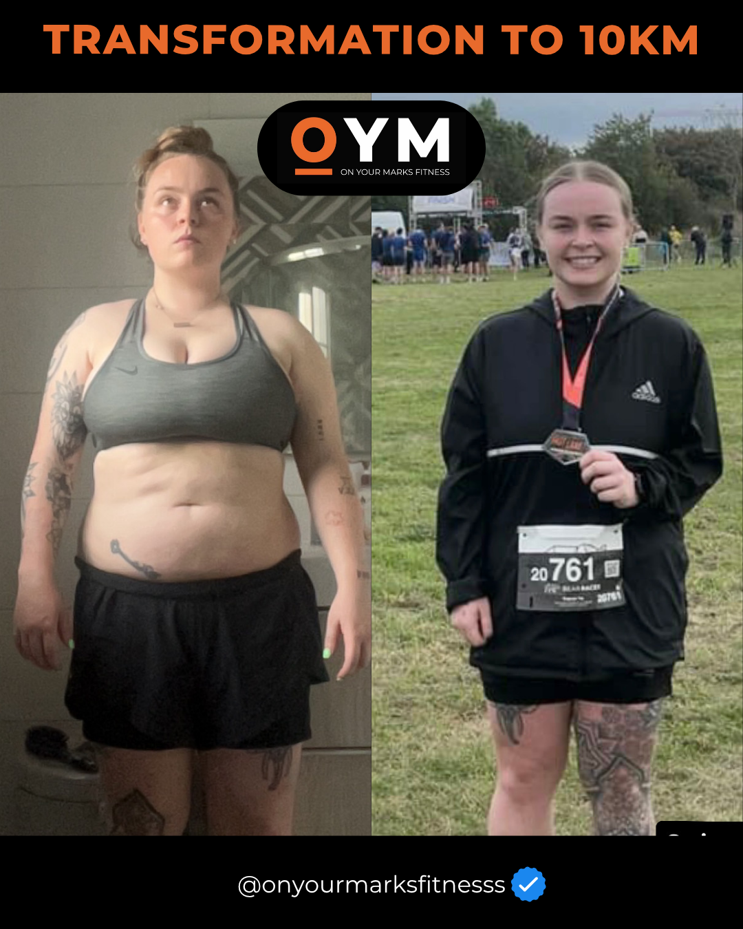 Side-by-side comparison of a woman before and after weight loss transformation. The left shows her with more weight, wearing a gray sports bra and black shorts. The right shows her after losing weight, smiling in athletic gear with a medal, wearing a black jacket and shorts, in an outdoor setting.