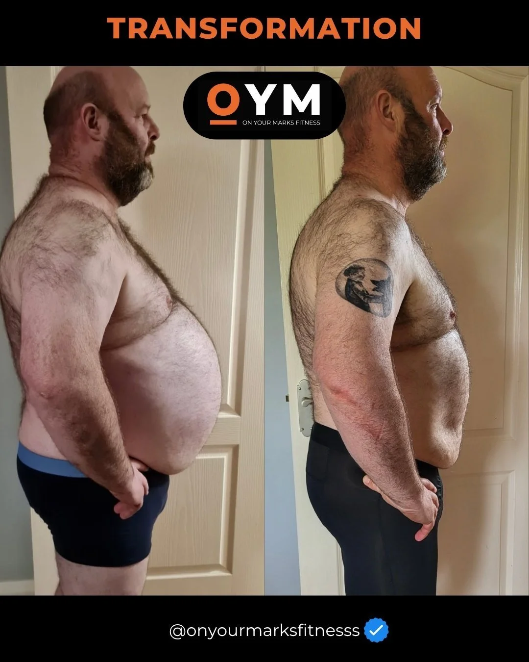 Side-by-side comparison of a man before and after fitness transformation, showing weight loss and muscle toning.