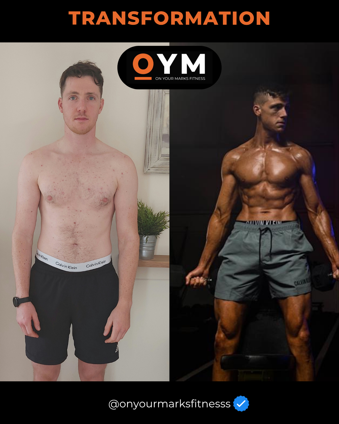 Side-by-side comparison of a man's fitness transformation, showing a before photo on the left with a leaner physique and an after photo on the right with a muscular, defined body.