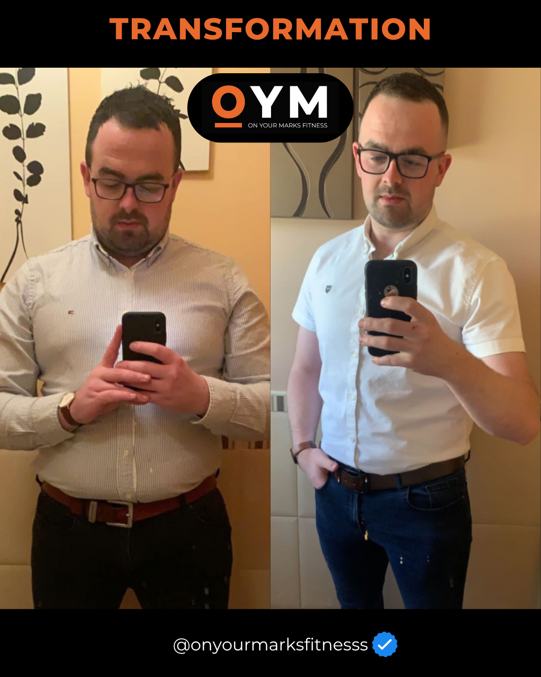 Comparison of a man before and after transformation, wearing glasses and a white shirt, taking mirror selfies in different settings.