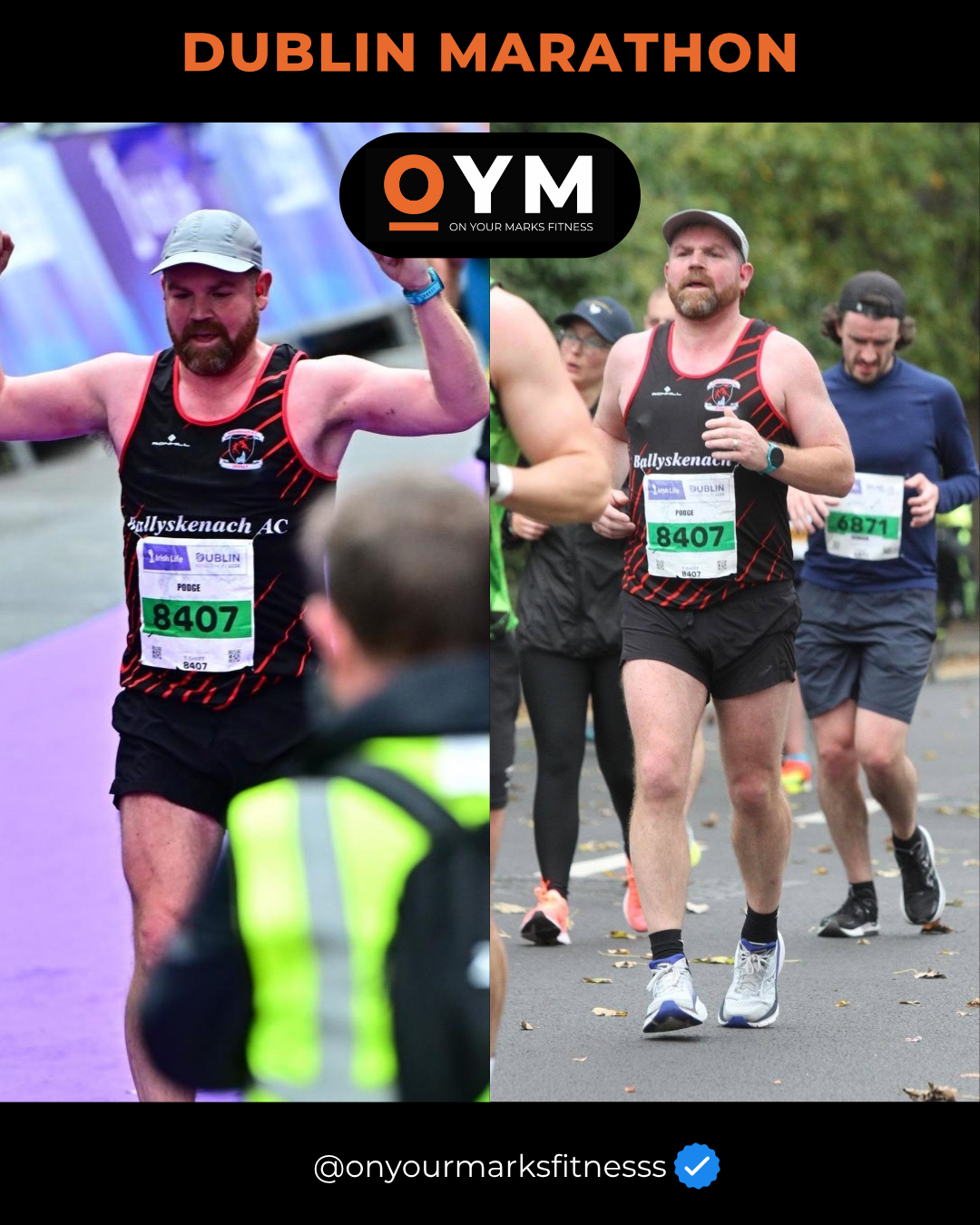 Photograph of runners participating in the Dublin Marathon, including two men wearing black and red athletic gear with race bibs, on a tree-lined street.
