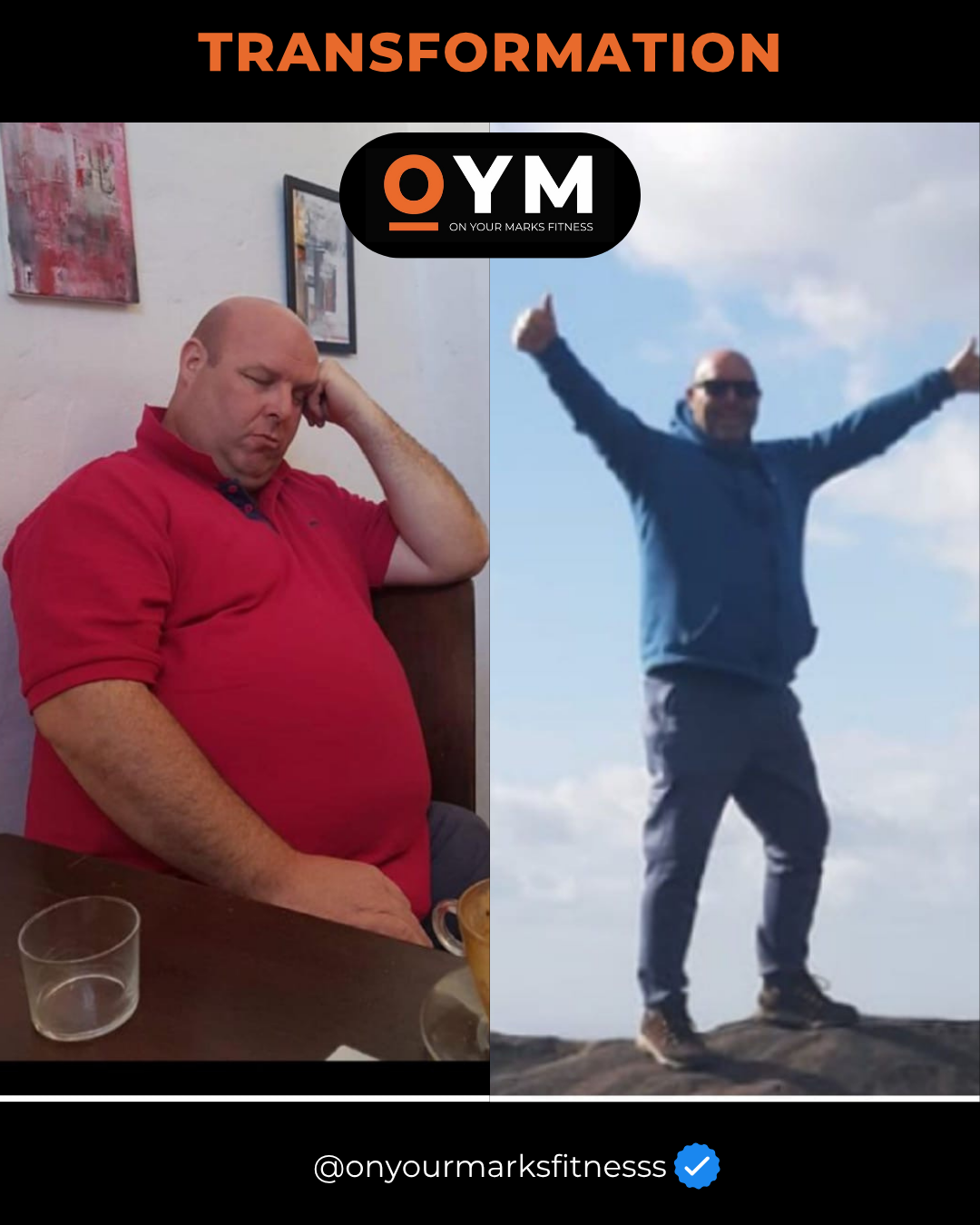 A collage of two photos showing a man before and after transformation. The left image depicts a man sitting with a tired expression, wearing a red shirt, in an indoor setting. The right image shows the same man outdoors with his arms raised, smiling, dressed in a blue jacket and dark pants, against a bright sky.