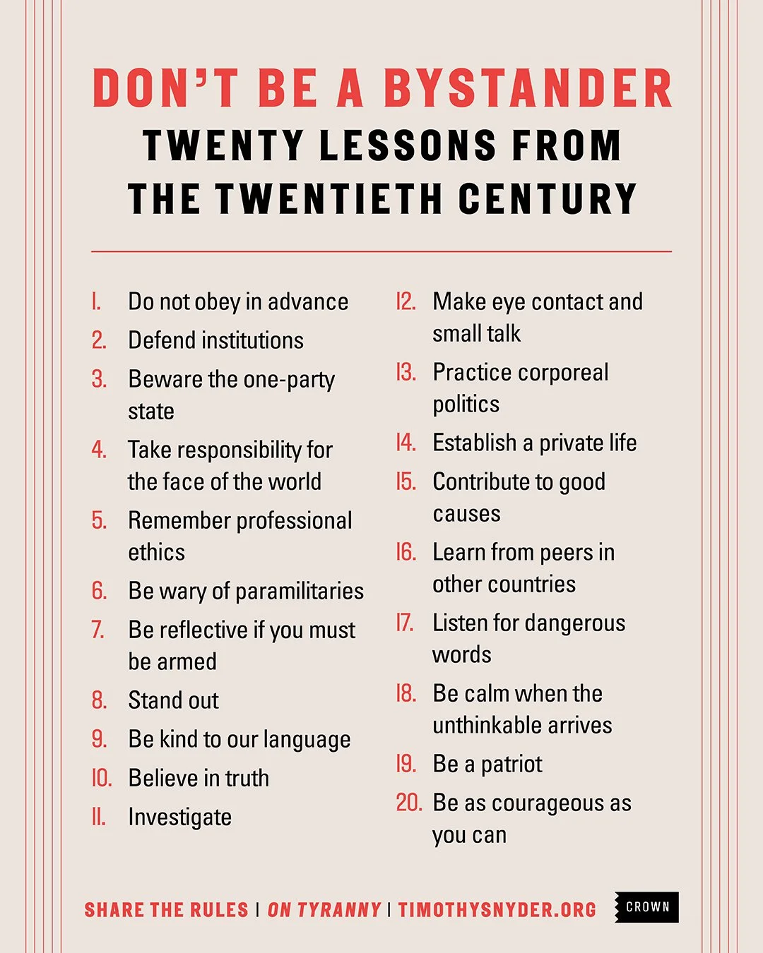 An infographic showing twenty lessons from the twentieth century by Timothy Snyder