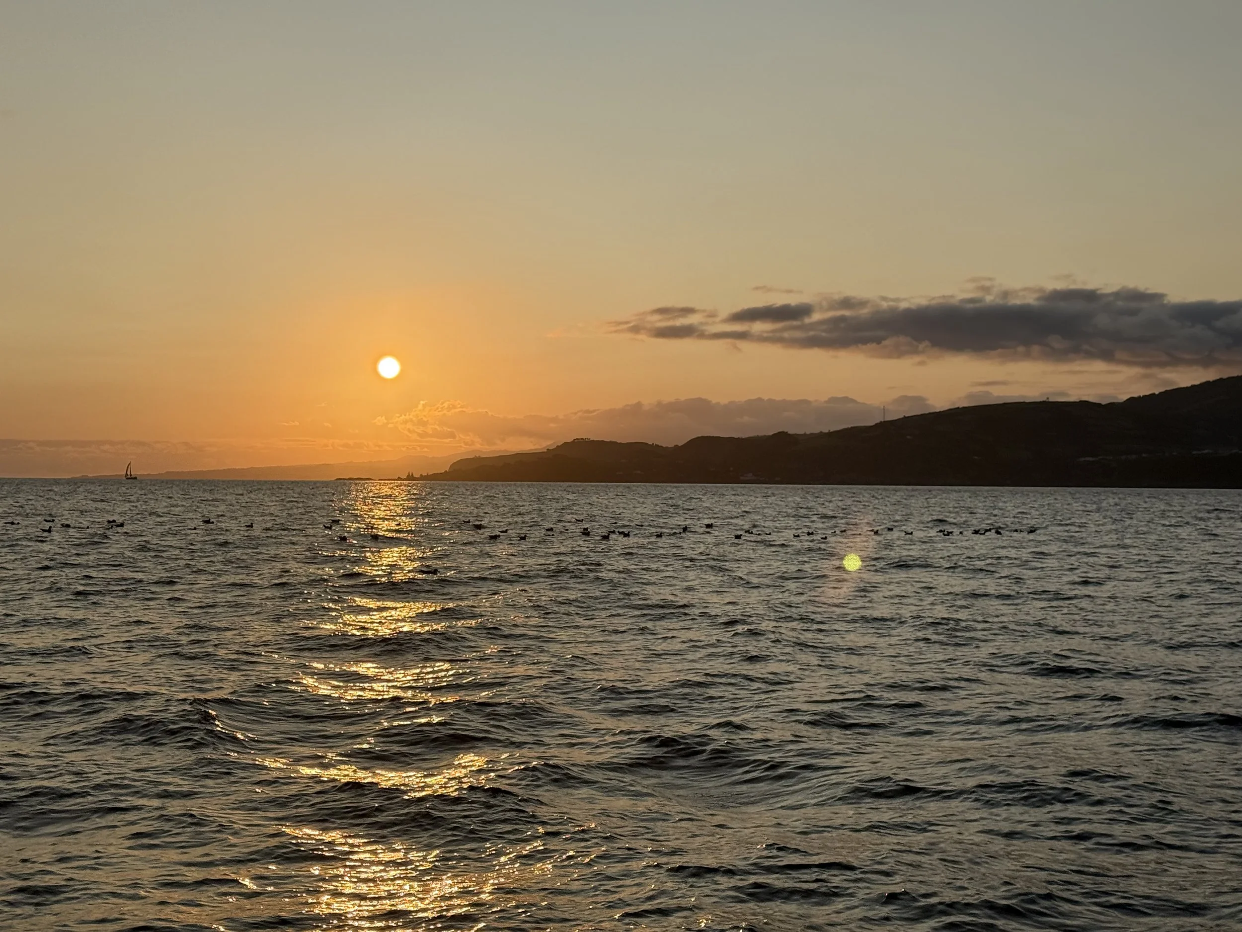 Sunset over the ocean with small sailboat and land in the background.