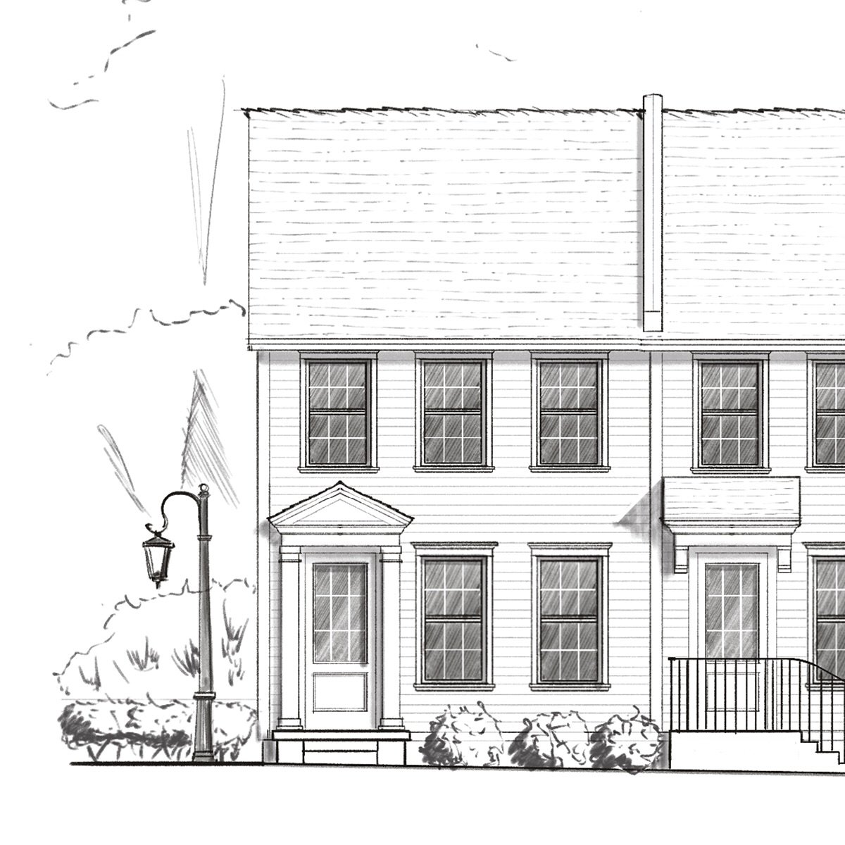 These 18-foot traditional townhomes lean into timeless proportions, historic rhythm, and individuality, while holding the street edge with grace. Inspired by the enduring charm of places like Alexandria, they remind us that density can still feel lik