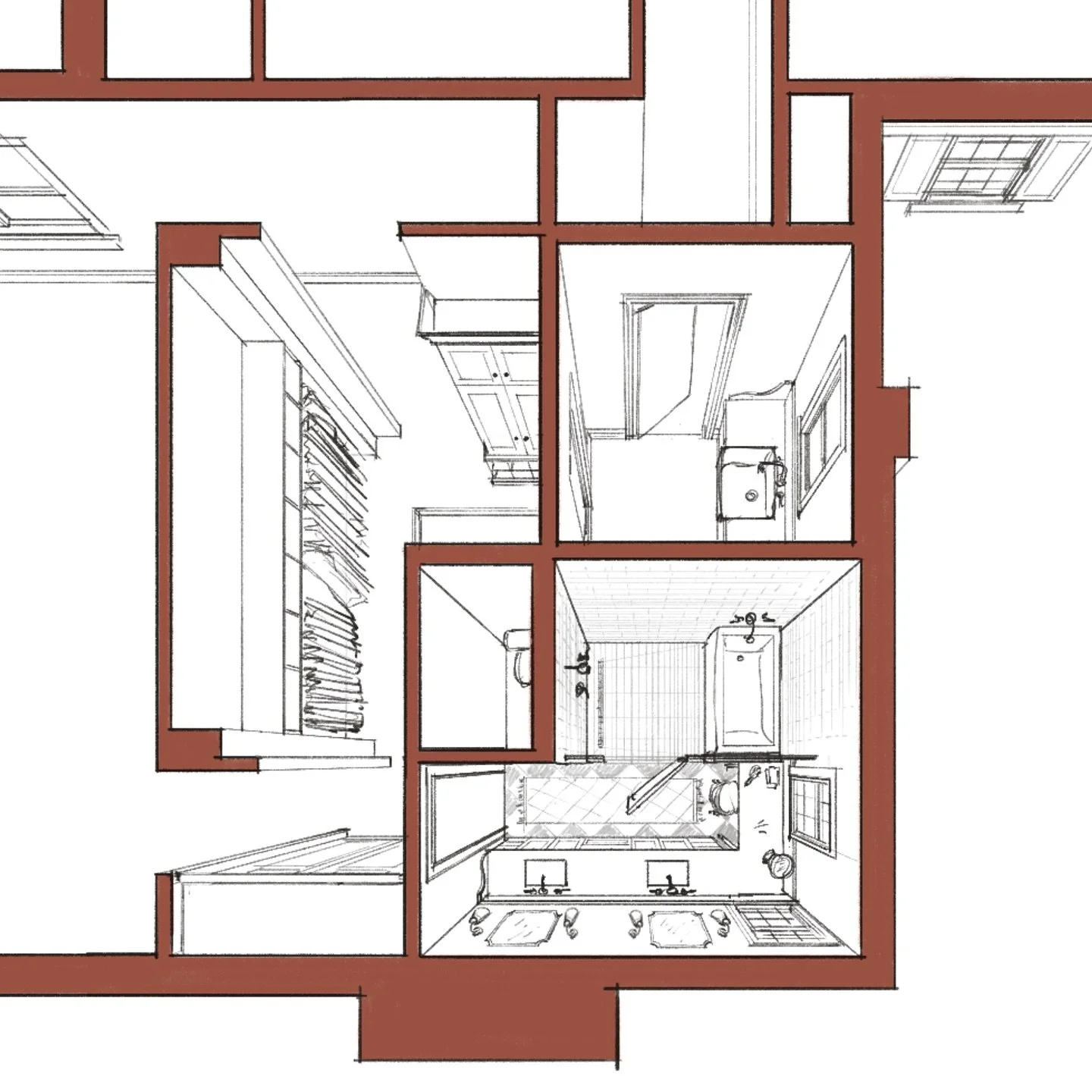 It can be tough for clients to imagine how a floor plan really feels.
So for this historic Salt Lake City remodel, we turned a 2D plan into a 3D perspective, giving a sense of how the new master bath, laundry, and walk-in closet come together in real