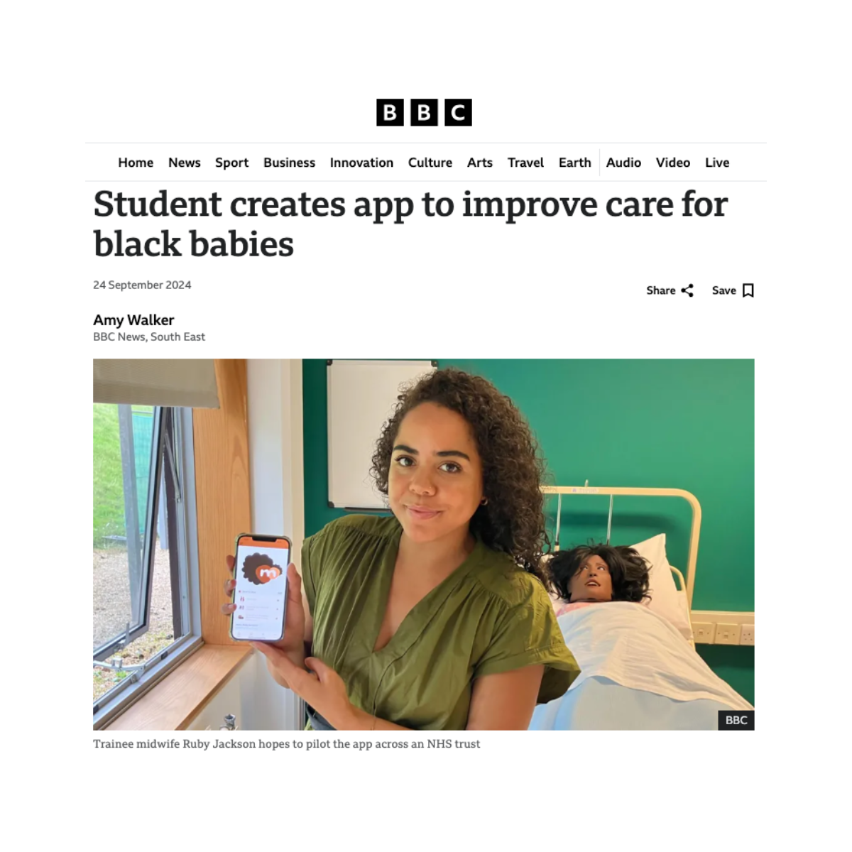 Screenshot of BBC News article featuring Ruby Jackson, winner of the Ripple Priority Digital Health Challenge 2024, holding her Melanatal app designed to improve neonatal care for babies with Black and Brown skin.