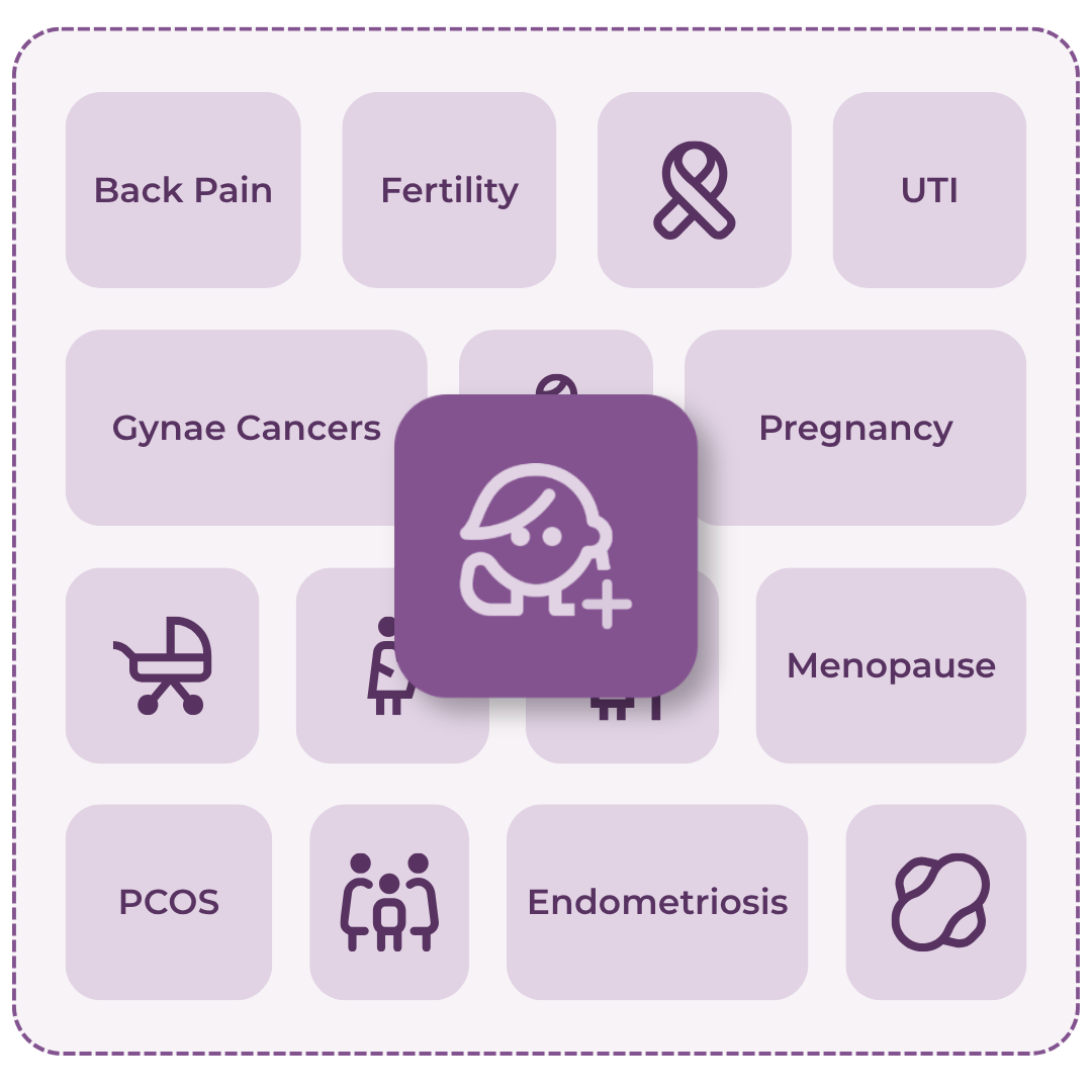 Women's health portfolio showing digital health app categories including fertility, pregnancy, PCOS, endometriosis and menopause.