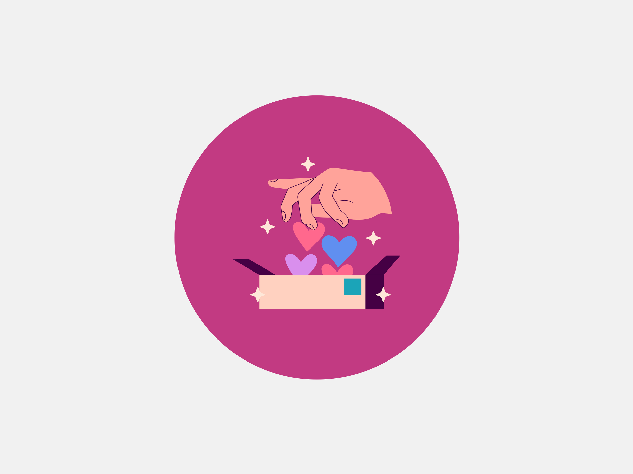 Illustration of a hand sprinkling colourful hearts into an open box, representing funders in the global Ripple initiative.